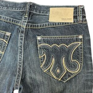 MEK Denim Western Slim Boot Jeans 34 Button Fly Distressed‎ Embroidered Pockets